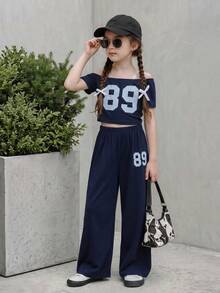 SHEIN Casuvi Kids 2 件套青少年女孩学院风休闲通勤不对称肩短袖和阔腿裤 - 藏蓝色 - 查看 1