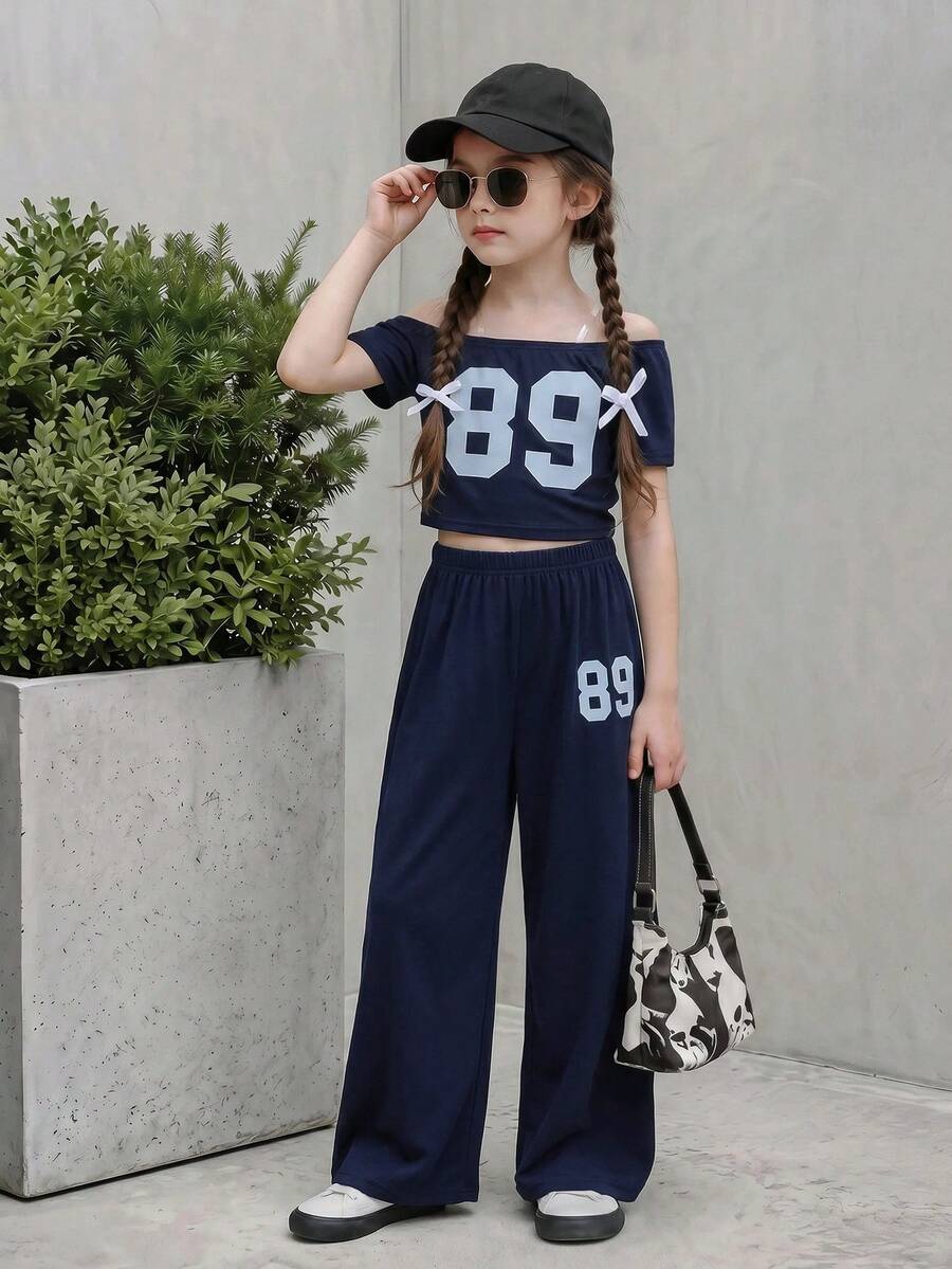 SHEIN Casuvi Kids 2 件套青少年女孩学院风休闲通勤不对称肩短袖和阔腿裤 - 藏蓝色 - 查看 1