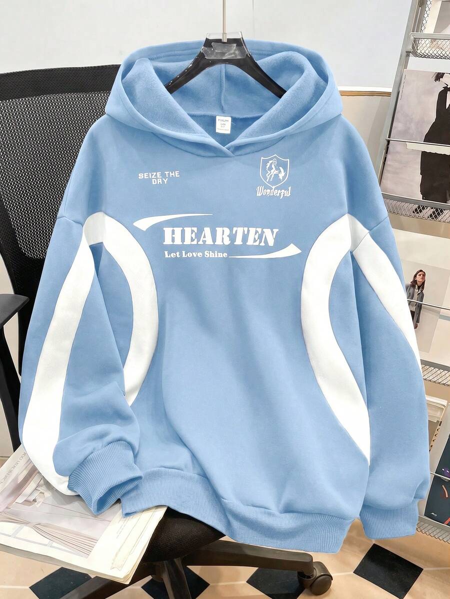 SHEIN 青少年女孩針織拼色字母印花寬鬆休閒連帽衛衣 - 藍色 - 查看 1