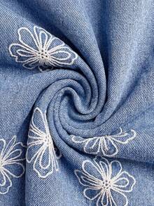 Easowa 女款花卉刺繡短袖鈕扣半開襟休閒牛仔洋裝 - 藍色 - 查看 11