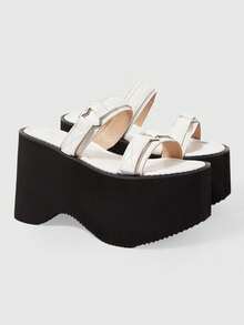 ROMWE Grunge Punk Women's Fashionable High-Heeled Platform Sandals With Heart-Shaped Decorative Buckle And Open Back. - White - View 2