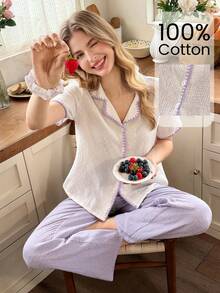 Snug Reverie Bộ đồ mặc nhà 100% cotton gồm áo tay ngắn cổ bẻ viền vỏ sò vân nổi màu kem + quần dài thường ngày màu tím khoai môn - Nhiều màu - Xem 3
