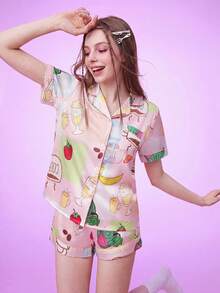 Notgurli Women's Satin Pajama Set, Beige Fruit & Coffee Print, Lapel Collar, Short Sleeve, Shorts, Summer Lightweight Cool Loungewear 2 Pieces Set - Multicolor - View 7