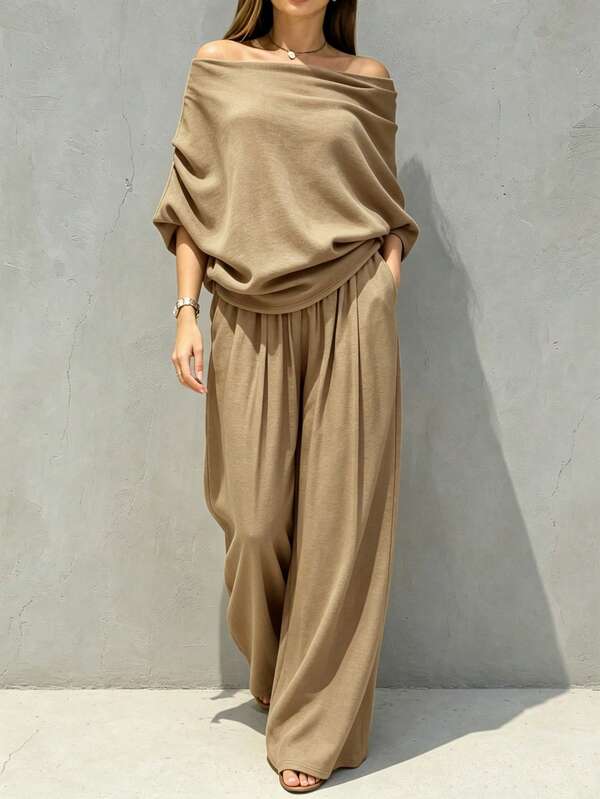 SHEIN Holidaya Women's Off-Shoulder Loose Top & Wide Leg Pants 2 Pieces Set, Drapey Coffee Brown Casual Chic Commuter Outfit,Fall Clothes,Festival Outfit Women