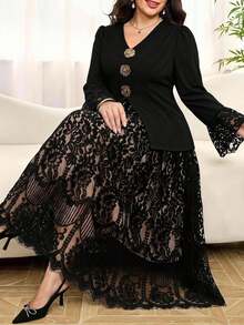 SHEIN Clasi 大尺碼女款兩件套，優雅花卉網格拼接外套與裙子，適合四季穿著 - 黑色 - 查看 9