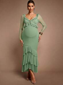 MaterniChic Maternity Solid Color Patchwork Ruffle Long Sleeve Elegant Dress - Green - View 4