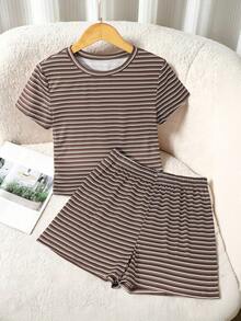 青少年女孩 T-Shirt 與短褲 2 件套裝，休閒簡約寬鬆針織，返校穿搭，復古細條紋，青少年女孩套裝，適合健身瑜伽 - 彩色 - 查看 3