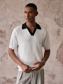 HIMLAND Men's Contrast Collar Short Sleeve Knit Top - Black and White - View 4