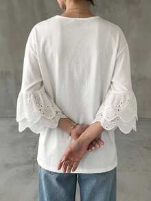 FRIFUL Women's Round Neck Hollow Embroidery Ruffle Cuff Loose T-Shirt - White - View 2