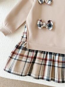 LMoss Kids 女童秋冬可愛拼色長袖格紋洋裝 - 卡其色 - 查看 3