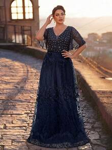 Serin Gaun Pengantin Ukuran Besar Elegan Romantis Lengan Ruffle Mewah Payet Patchwork Satin Bertatahkan Mutiara dan Rhinestones Potongan A-Line Besar Cocok untuk Pesta Pernikahan, Perayaan, Makan Malam Formal, Gaun Ibu Pengantin - Navy Blue - View 3