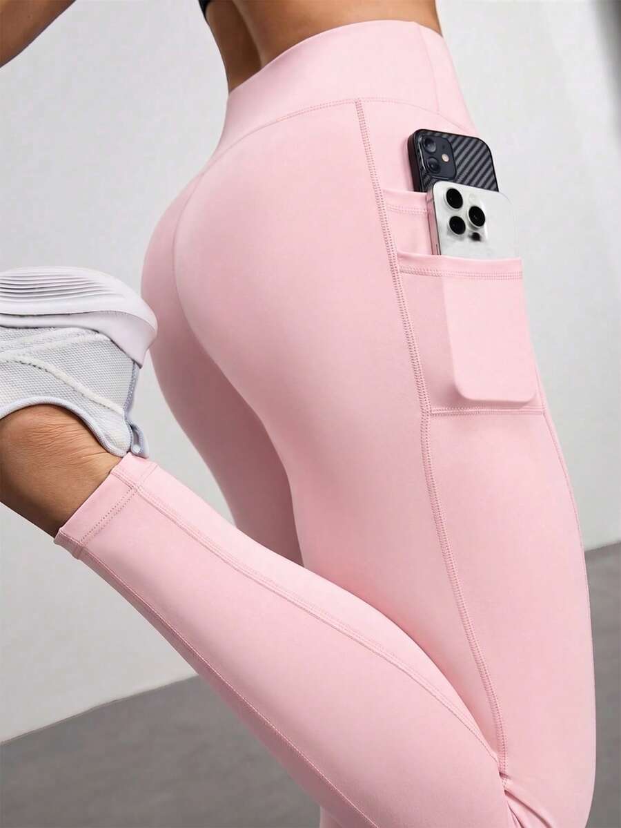 SHEIN Sports 女款純色高腰口袋內搭褲 - 粉色 - 查看 1