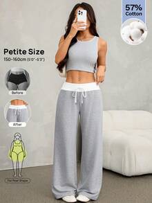 SHEIN PETITE 休閒百搭通勤對比腰帶長褲 - 灰色 - 查看 4