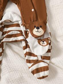 SHEIN Newborn Bear Striped Print Romper - Brown - View 4