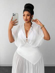 Maweii Plus Size Women's French Elegant Luxury Deep V-Neck Ruched White Moon Chiffon Sheer Solid Color Dress - White - View 6