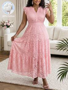 Reflora Plus Size Women's Elegant Romantic Lace Long Dress Pink Summer Wedding Guest - Pink - View 9