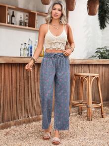 Breezaya Damen Jeans mit Blumenmuster, Taillenband und geradem Bein - Dunkle Waschung - Übersicht 4