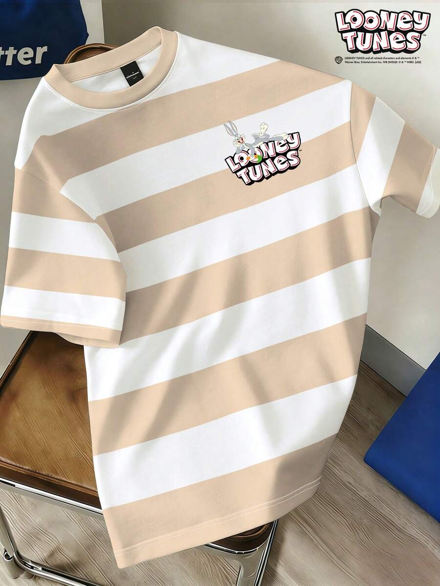 LOONEY TUNES X SHEIN Daypath 男士字母條紋圓領短袖休閒百搭T恤 - 卡其色 - 查看 1