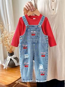 SHEIN Vintaside Kids 純色套頭長袖上衣與櫻桃刺繡無袖吊帶連身褲嬰兒/幼兒（女童）T恤套裝 - 紅色 - 查看 8