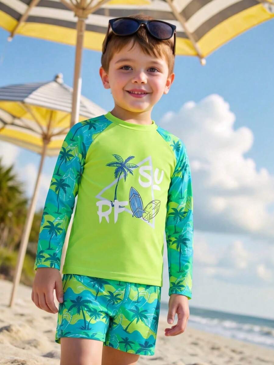 SHEIN 男童泳裝套裝,適合海灘游泳熱帶度假椰子樹,固定式印花兩件套短袖上衣 + 短褲 - 適合度假和泳池樂趣 - 綠色 - 查看 1
