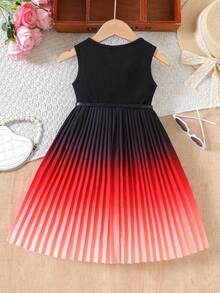 SHEIN 女童漸層拼色百褶下擺無袖洋裝，夏季優雅女童裙 - 彩色 - 查看 3