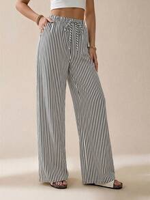 SHEIN Tall 條紋印花休閒日常穿著女款春夏長褲 - 藏蓝色 - 查看 5