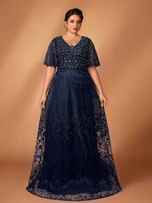 Serin Gaun Pengantin Ukuran Besar Elegan Romantis Lengan Ruffle Mewah Payet Patchwork Satin Bertatahkan Mutiara dan Rhinestones Potongan A-Line Besar Cocok untuk Pesta Pernikahan, Perayaan, Makan Malam Formal, Gaun Ibu Pengantin - Navy Blue - View 7