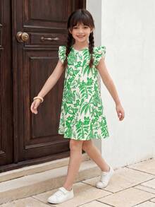 Casuvi Kids Casuvi 少女热带雨林印花喇叭连衣裙，休闲度假风，适合春夏日常穿着及度假 - 綠色 - 查看 4
