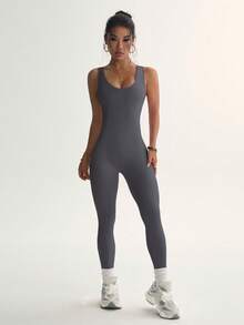 Slayform Solid Color Backless Seamless Sports Jumpsuit - Dark Grey - View 7