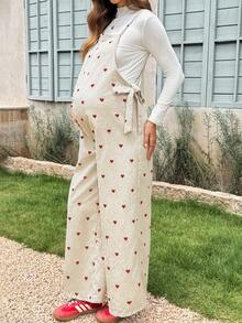 Boho Mama 孕婦愛心印花細肩帶連身褲 - 卡其色 - 查看 3