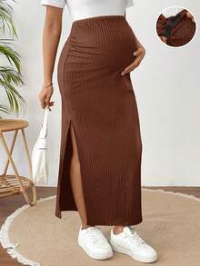 SHEIN 孕婦休閒純色側開衩裙 - 咖啡棕 - 查看 3