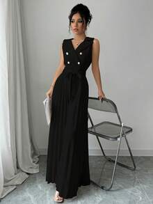 Selianne Women's Elegant Apricot Double-Breasted Pleated Jumpsuit, Suitable For Spring And Autumn - Black - View 7