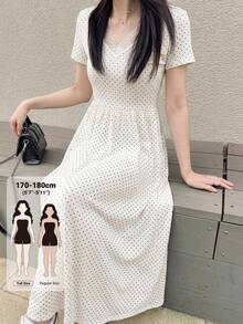 Dazy Tall 女款夏季短袖休閒波點蕾絲拼接長洋裝 - 米色 - 查看 1