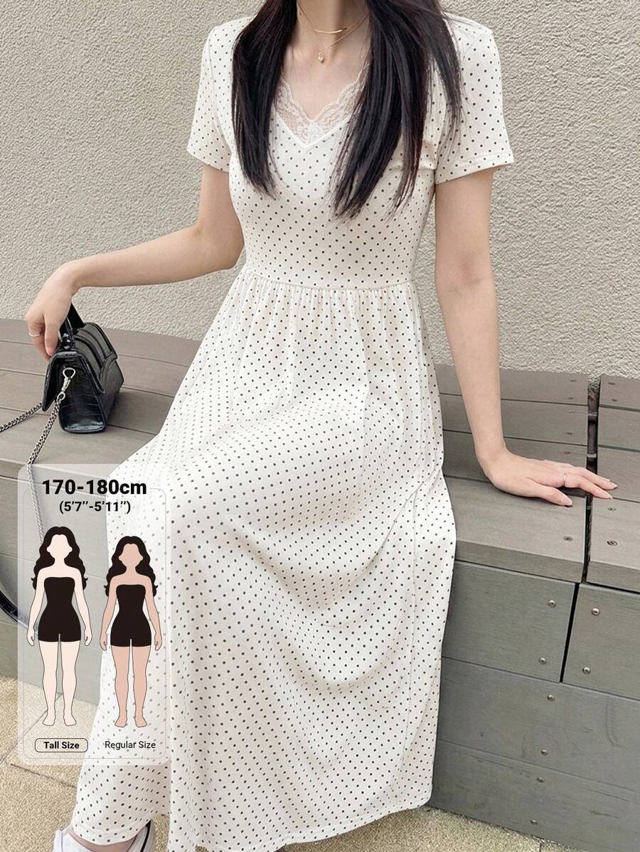 Dazy Tall 女款夏季短袖休閒波點蕾絲拼接長洋裝 - 米色 - 查看 1