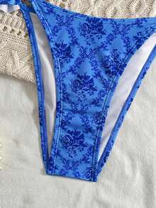 Swim Mod 26SS 女款春夏沙灘裝，女款比基尼套裝，2件式，春夏沙灘度假下午茶野餐清新甜美俏皮可愛宮廷風菱形花卉印花，精緻蕾絲拼接，荷葉袖可調節肩帶，三角杯比基尼，粉色，甜美可愛，優雅女士，適合夏季沙灘、度假旅行、日常穿著 - 藍色 - 查看 7