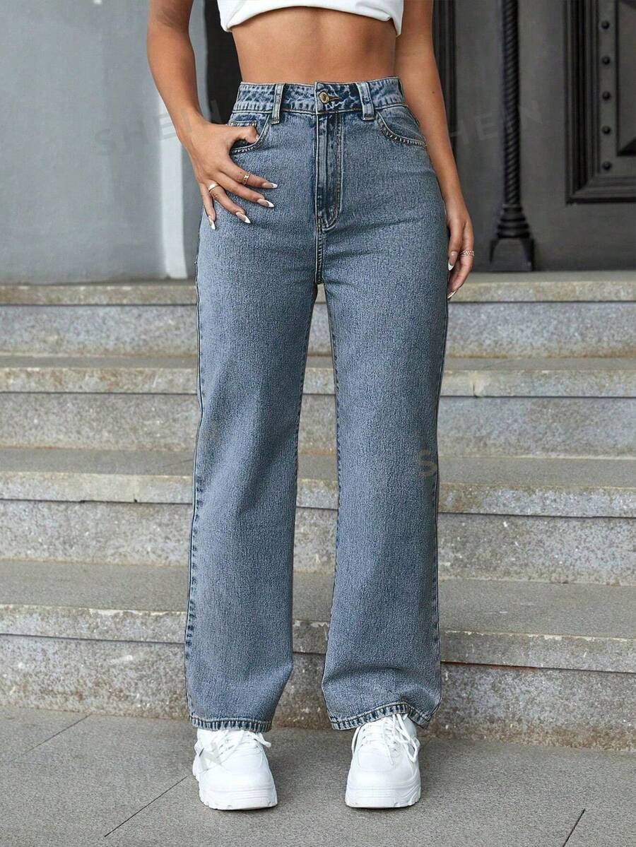 SHEIN ICON Jeans de cintura alta y pierna recta para verano - Azul lavado medio - Ver 1