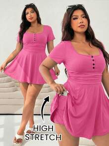 Solflare Plus Size Women's Summer Solid Color Square Neck Jumpsuit Suitable For Vacation - Hot Pink - View 4