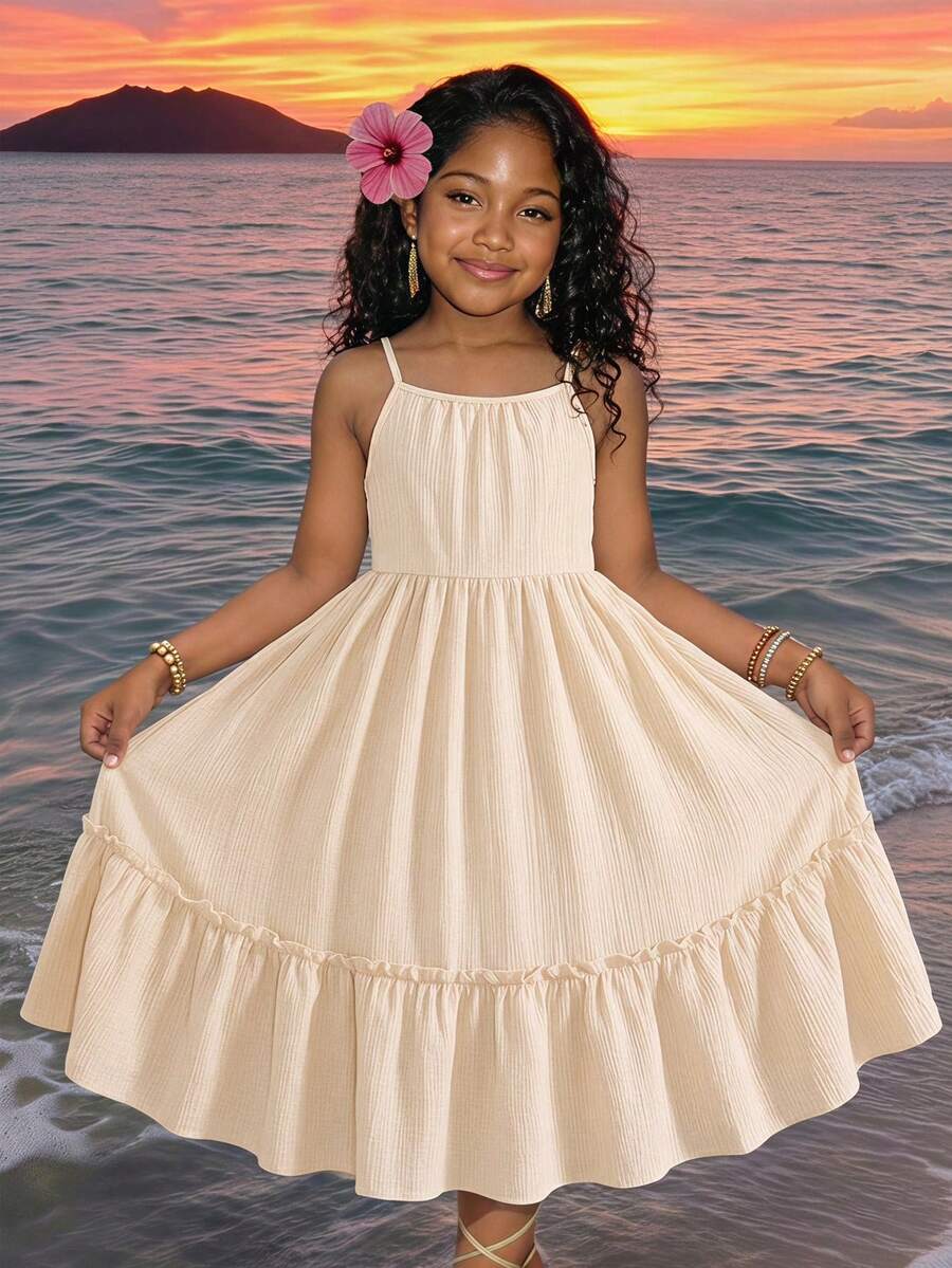 SHEIN La falda de poliéster con volantes en la Bottom está diseñada con un dobladillo con volantes, simple y elegante, para viajes, fotografía, salidas de verano y es muy llamativa. - Albaricoque - Ver 1