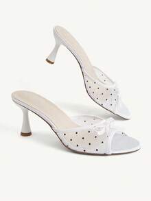CUCCOO CHICEST Summer New Mesh Polka Dot Sandals Women's Round Toe Thin Heel Bow Breathable High Heels Outside Sandals - White - View 5