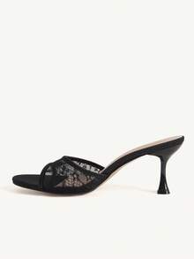 CUCCOO CHICEST Women's Shoes Summer Simple And Delicate Lace Pattern Elements Square Toe Thin Heel Medium Heel Light And Mature Mesh Stitching Fabric - Black - View 6