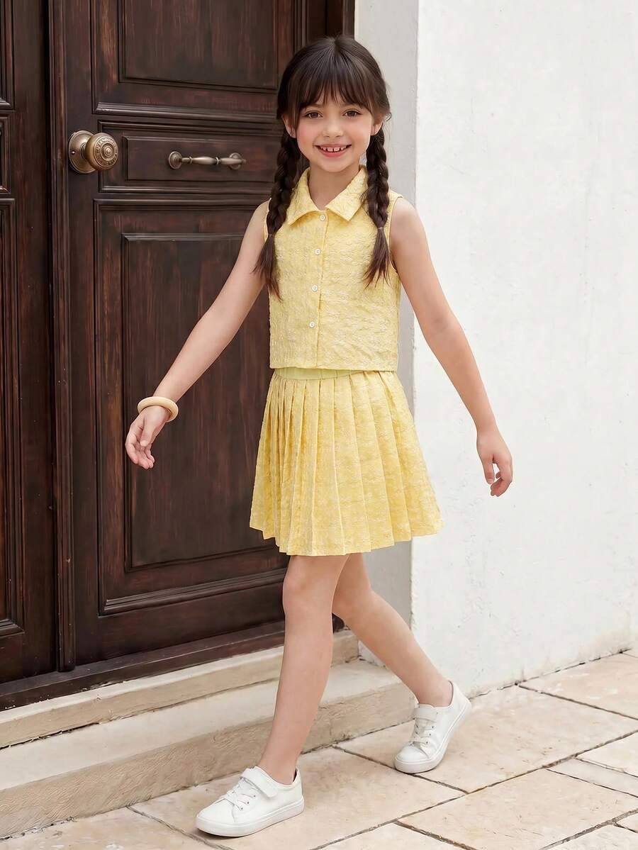 Casuvi Kids 青少年女孩單排扣背心、襯衫與百褶迷你裙套裝,返校季校園風,芥末黃,夏季可愛款 - 黃色 - 查看 1
