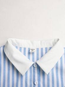 SHEIN 青少年女孩 Polo 領條紋刺繡圖案短袖中長洋裝，適合青少年女孩，對比色荷葉領花瓣袖印花洋裝，適合學校、戶外活動、購物，鈕扣洋裝童裝 - 藍色 - 查看 5