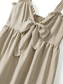 SHEIN LUNE CURVE Plus Size Women's Summer Holiday Blue & White Striped Sleeveless Ruffle Tie Bow Casual Elegant Commute Date Adjustable Shoulder Strap Cinched Waist A-Line Short Dress - Coffee Brown - View 4