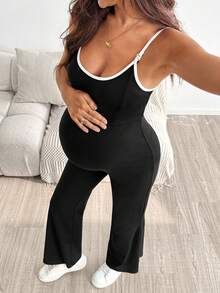 SHEIN Maternity Colorblock Flare Leg Casual Nursing Camisole Pants Breastfeeding Summer Baby Shower Nursery Hospital Labor And Delivery Postpartum - Black - View 4