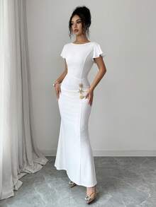 SHEIN Elenzya 女士纯色金属扣装饰连衣裙 - 白色 - 查看 7