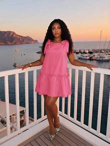 Slaydiva Plus Size Women Solid Color Shoulder Knot Ruffle Hem Casual Sleeveless Dress Vacation Pastel Pink Summer - Hot Pink - View 4
