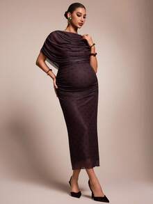 MaterniChic Elegant Polka Dot Print Fitted Maternity Dress - Mocha Brown - View 8
