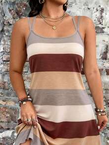 EMERY ROSE Plus Size Women's Striped Casual Spaghetti Strap Dress - Multicolor - View 3