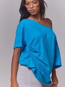MUSERA ESSENTIALS Blue Jersey Slouchy Off The Shoulder Raw Hem Cinched Gathered Waist Longline Oversized Tee - Blue - View 2