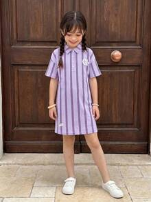 Casuvi Kids 少女寬鬆落肩中袖襯衫領數位直條紋印花復古休閒家居連身裙，適合戶外、旅行、日常穿著，夏季新品 - 紫色 - 查看 4
